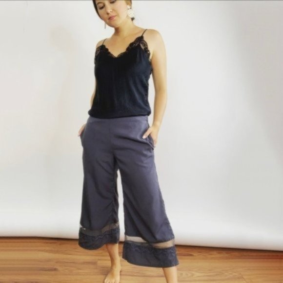 Anthropologie Pants - Anthropologie Gray Satin Lace Wide Leg Pants